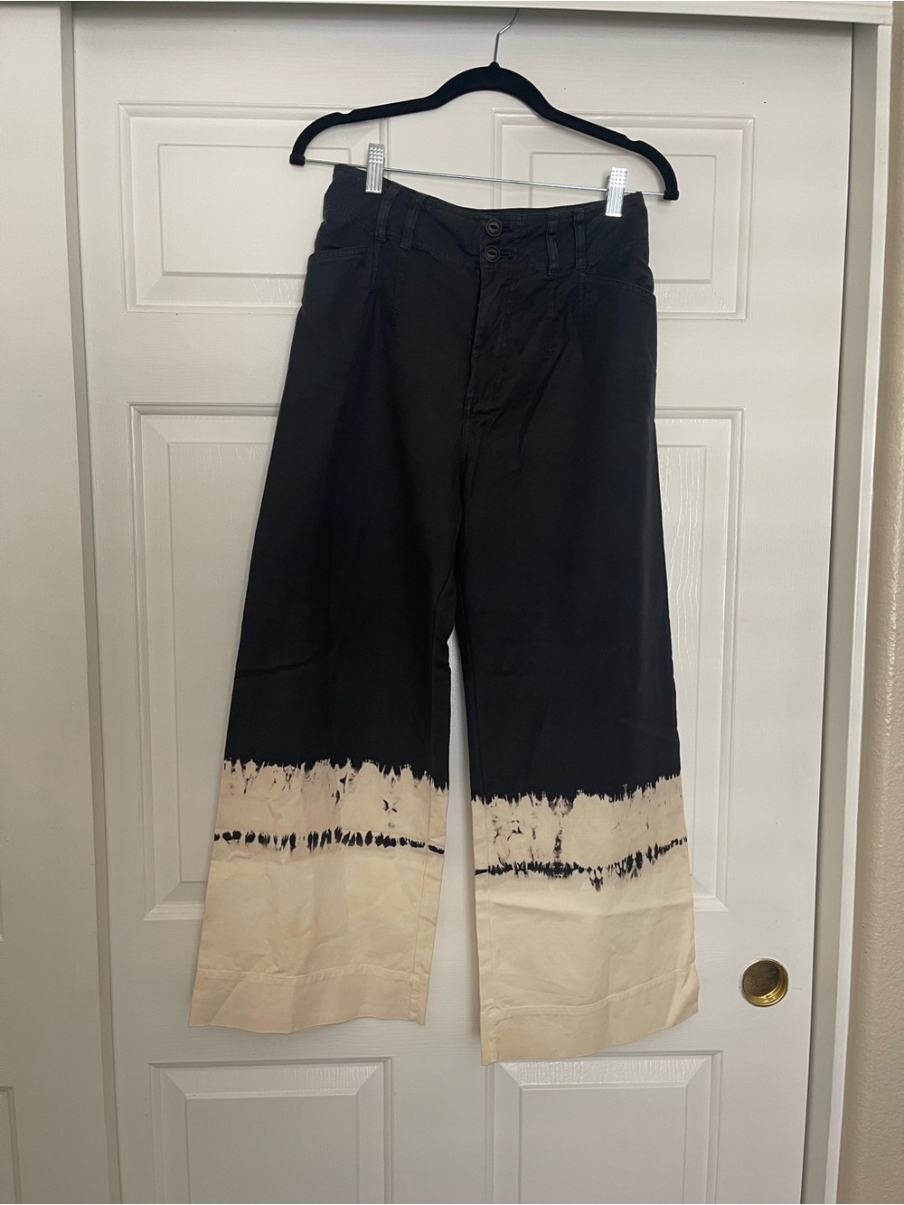 Tie-Dye Hem Wide Leg Pants in Deep Navy and Cream
